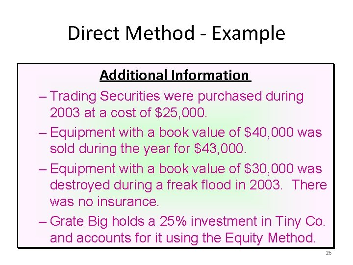 Direct Method - Example Additional Information – Trading Securities were purchased during 2003 at