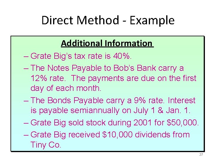 Direct Method - Example Additional Information – Grate Big’s tax rate is 40%. –