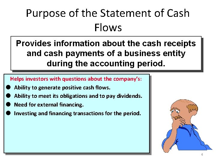 Purpose of the Statement of Cash Flows Provides information about the cash receipts and