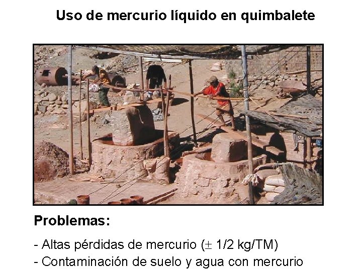 Uso de mercurio líquido en quimbalete Problemas: - Altas pérdidas de mercurio ( 1/2