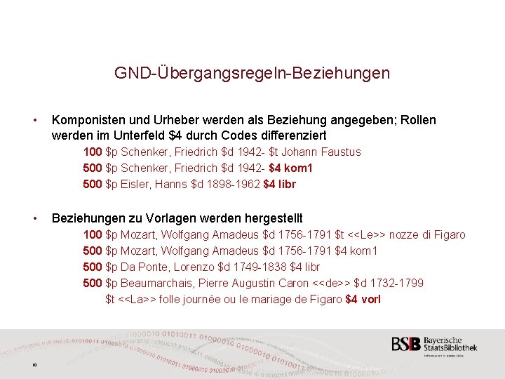 GND-Übergangsregeln-Beziehungen • Komponisten und Urheber werden als Beziehung angegeben; Rollen werden im Unterfeld $4