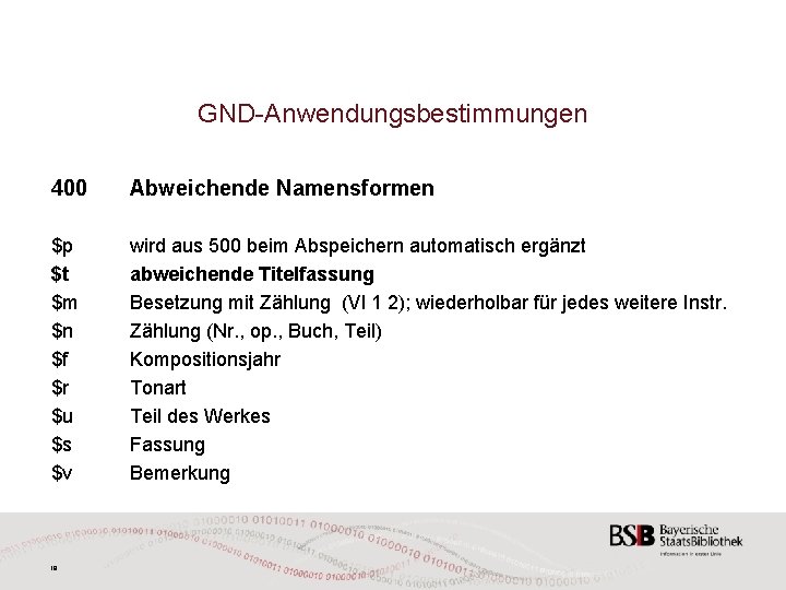 GND-Anwendungsbestimmungen 400 Abweichende Namensformen $p $t $m $n $f $r $u $s $v wird