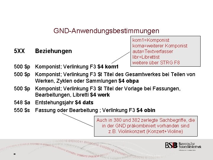GND-Anwendungsbestimmungen 5 XX Beziehungen kom 1=Komponist koma=weiterer Komponist auta=Textverfasser libr=Librettist weitere über STRG F