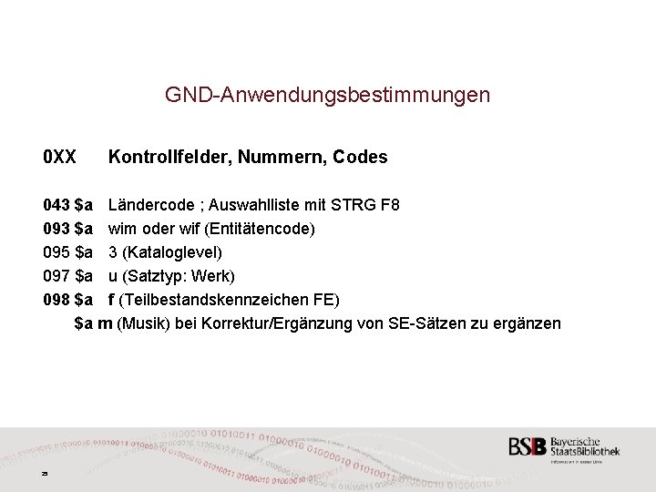 GND-Anwendungsbestimmungen 0 XX Kontrollfelder, Nummern, Codes 043 $a Ländercode ; Auswahlliste mit STRG F