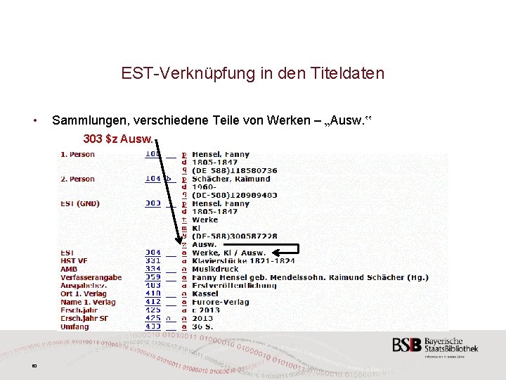 EST-Verknüpfung in den Titeldaten • Sammlungen, verschiedene Teile von Werken – „Ausw. ‟ 303