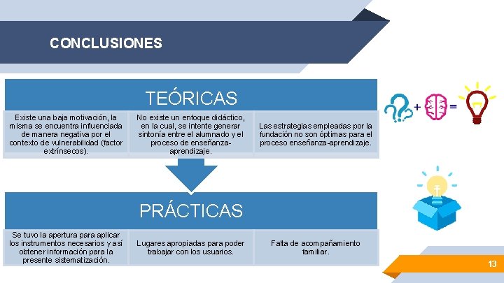 CONCLUSIONES TEÓRICAS Existe una baja motivación, la misma se encuentra influenciada de manera negativa
