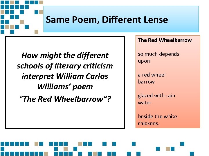 Same Poem, Different Lense The Red Wheelbarrow How might the different schools of literary