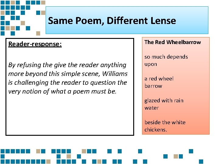 Same Poem, Different Lense Reader-response: By refusing the give the reader anything more beyond