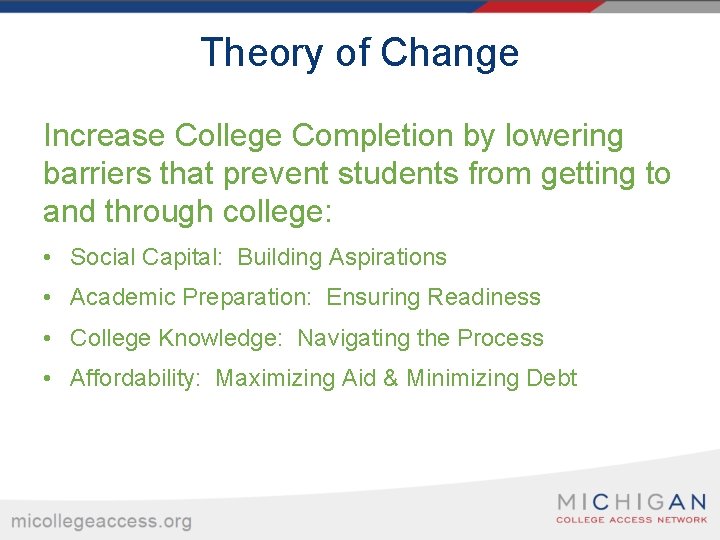 Theory of Change Increase College Completion by lowering barriers that prevent students from getting