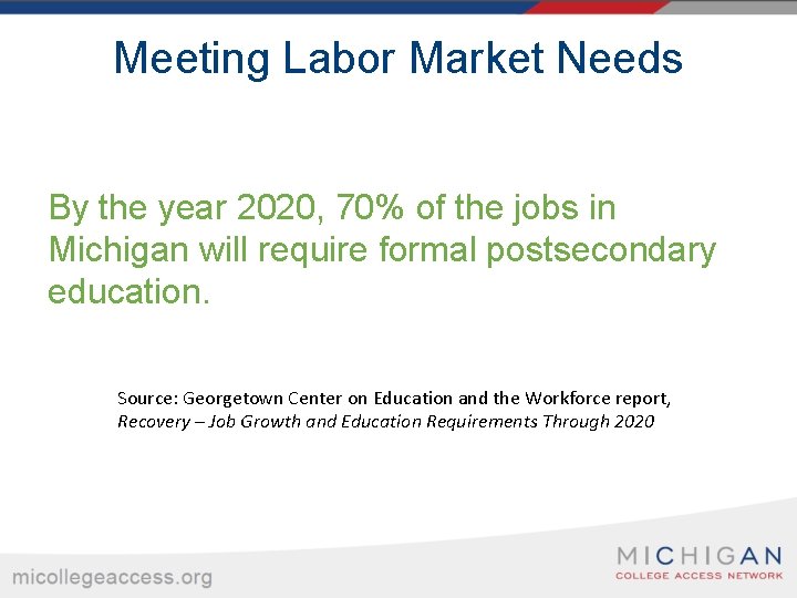 Meeting Labor Market Needs By the year 2020, 70% of the jobs in Michigan