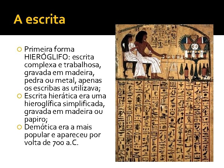 A escrita Primeira forma HIERÓGLIFO: escrita complexa e trabalhosa, gravada em madeira, pedra ou