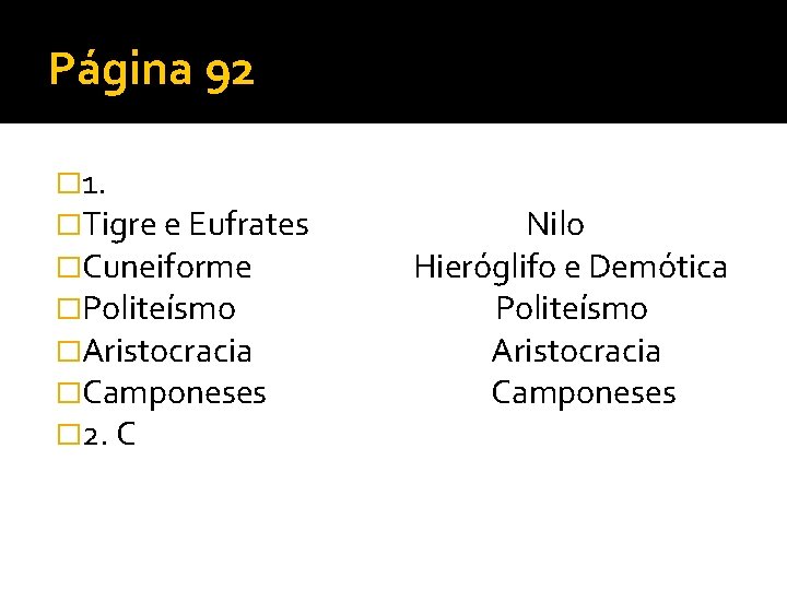 Página 92 � 1. �Tigre e Eufrates �Cuneiforme �Politeísmo �Aristocracia �Camponeses � 2. C