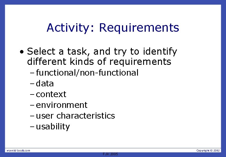 Activity: Requirements • Select a task, and try to identify different kinds of requirements
