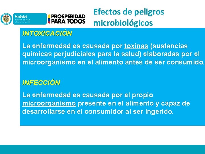 Efectos de peligros microbiológicos INTOXICACIÓN La enfermedad es causada por toxinas (sustancias químicas perjudiciales