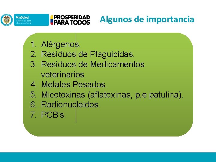 Algunos de importancia 1. Alérgenos. 2. Residuos de Plaguicidas. 3. Residuos de Medicamentos veterinarios.