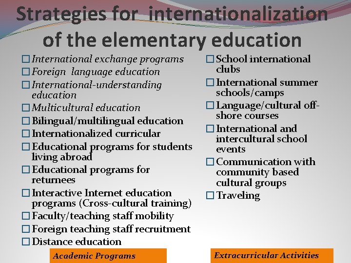 Strategies for internationalization of the elementary education �International exchange programs �Foreign language education �International-understanding