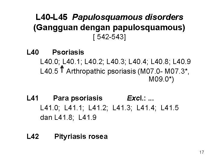 L 40 -L 45 Papulosquamous disorders (Gangguan dengan papulosquamous) [ 542 -543] L 40