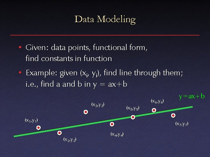 Data Modeling • Given: data points, functional form, find constants in function • Example: