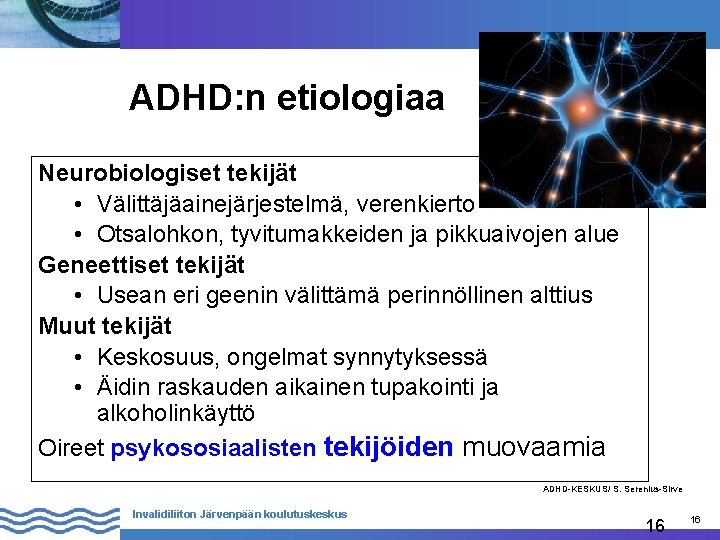 ADHD: n etiologiaa Neurobiologiset tekijät • Välittäjäainejärjestelmä, verenkierto • Otsalohkon, tyvitumakkeiden ja pikkuaivojen alue