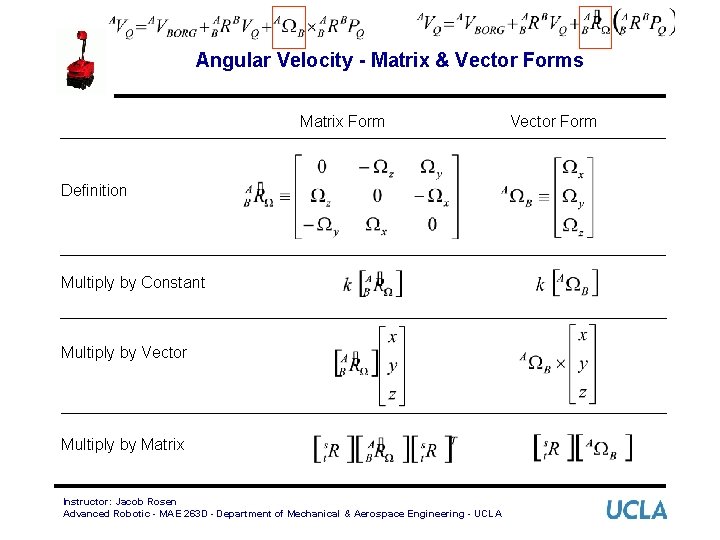 Angular Velocity - Matrix & Vector Forms Matrix Form Definition Multiply by Constant Multiply