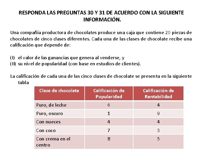 RESPONDA LAS PREGUNTAS 30 Y 31 DE ACUERDO CON LA SIGUIENTE INFORMACIÓN. Una compañía