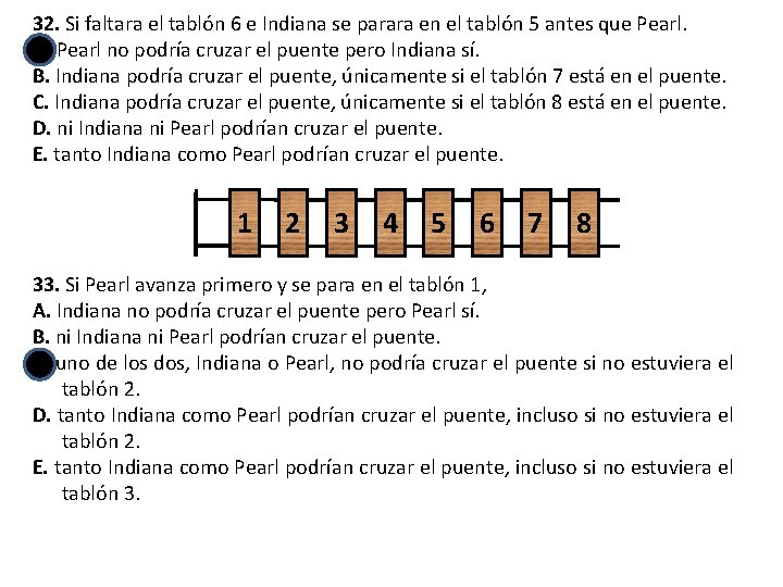 32. Si faltara el tablón 6 e Indiana se parara en el tablón 5
