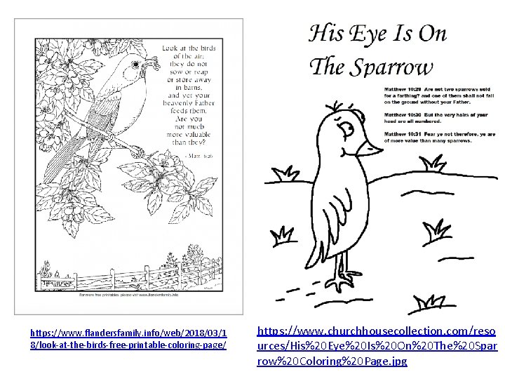 https: //www. flandersfamily. info/web/2018/03/1 8/look-at-the-birds-free-printable-coloring-page/ https: //www. churchhousecollection. com/reso urces/His%20 Eye%20 Is%20 On%20 The%20