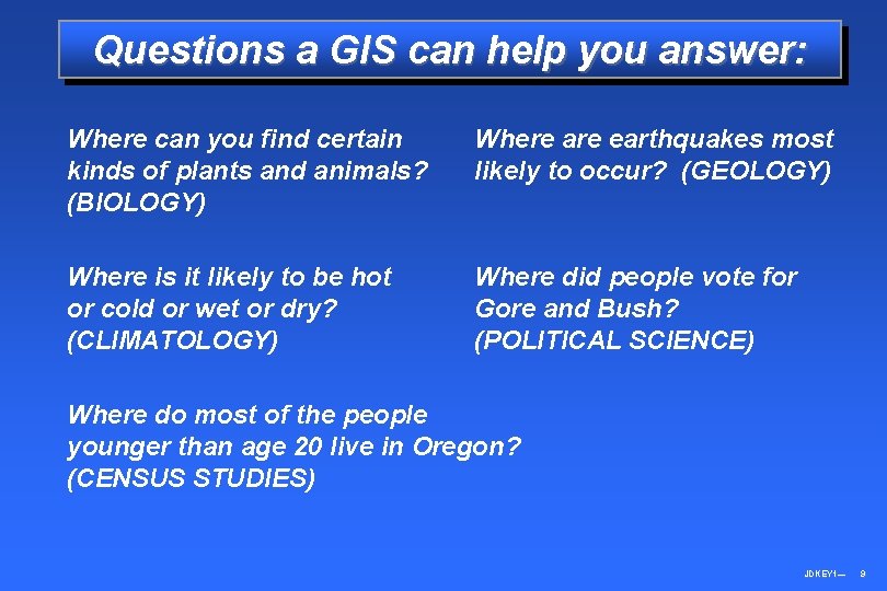 Questions a GIS can help you answer: Where can you find certain kinds of