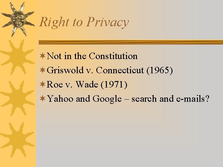 Right to Privacy ¬Not in the Constitution ¬Griswold v. Connecticut (1965) ¬Roe v. Wade