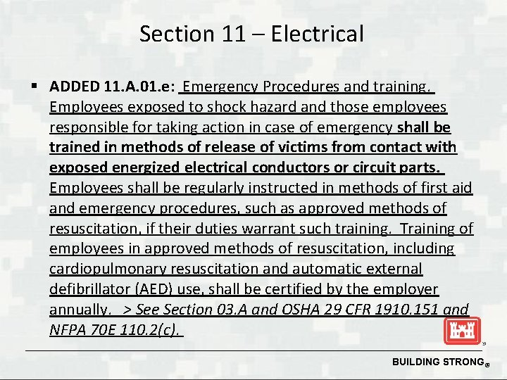 Section 11 – Electrical § ADDED 11. A. 01. e: Emergency Procedures and training.