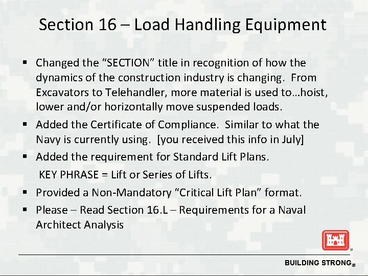 Section 16 – Load Handling Equipment § Changed the “SECTION” title in recognition of