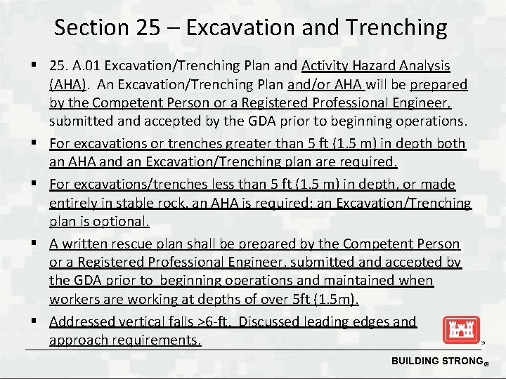 Section 25 – Excavation and Trenching § 25. A. 01 Excavation/Trenching Plan and Activity