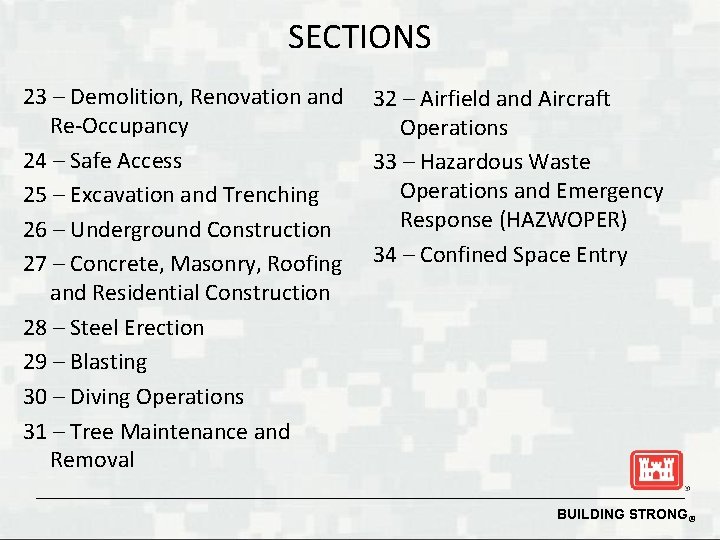 SECTIONS 23 – Demolition, Renovation and Re-Occupancy 24 – Safe Access 25 – Excavation