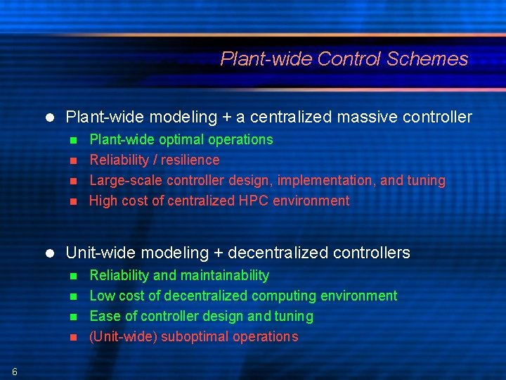 Plant-wide Control Schemes Plant-wide modeling + a centralized massive controller Plant-wide optimal operations Reliability