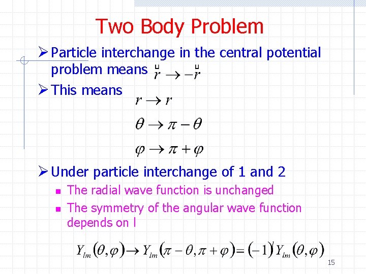 Two Body Problem Ø Particle interchange in the central potential problem means Ø This