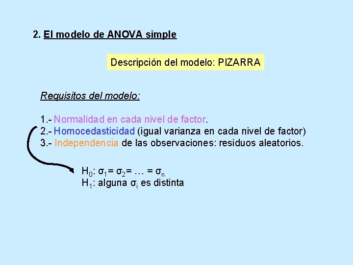 2. El modelo de ANOVA simple Descripción del modelo: PIZARRA Requisitos del modelo: 1.