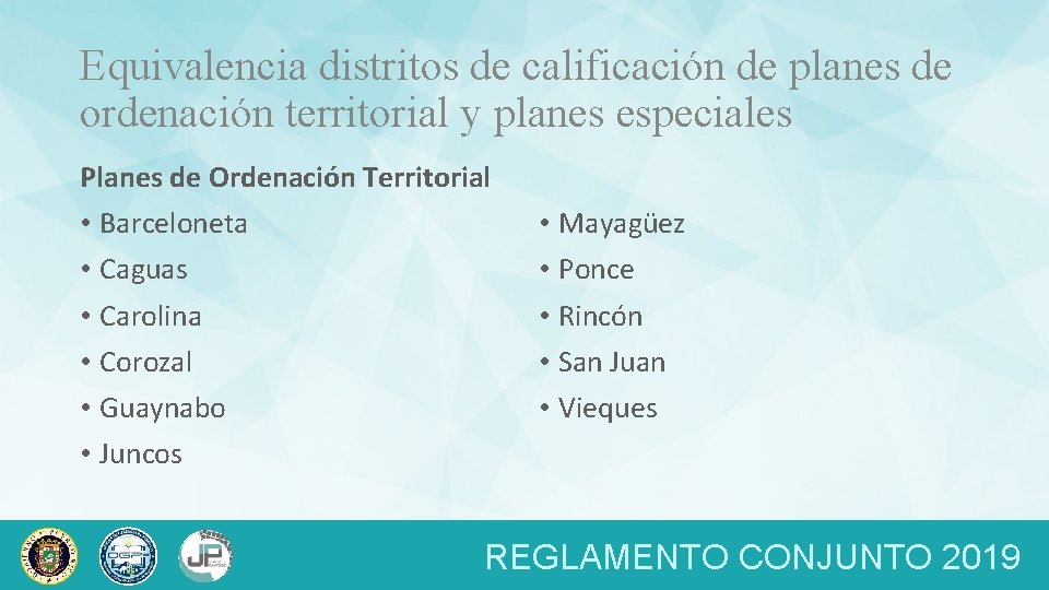 Equivalencia distritos de calificación de planes de ordenación territorial y planes especiales Planes de