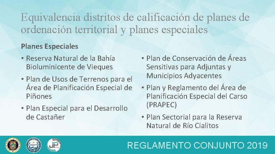 Equivalencia distritos de calificación de planes de ordenación territorial y planes especiales Planes Especiales