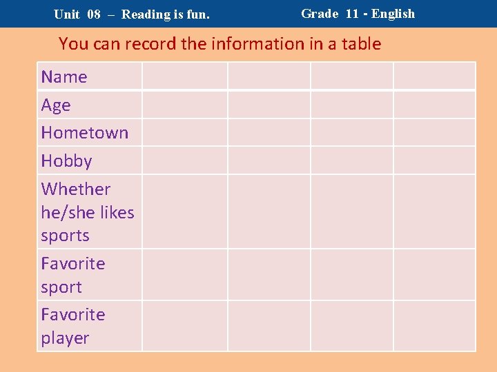Unit 08 – Reading is fun. Grade 11 - English You can record the Unit 08 – Reading is fun. Grade 11 - English You can record the