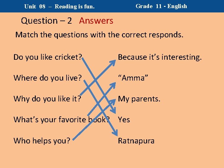 Grade 11 - English Unit 08 – Reading is fun. Question – 2 Answers Grade 11 - English Unit 08 – Reading is fun. Question – 2 Answers
