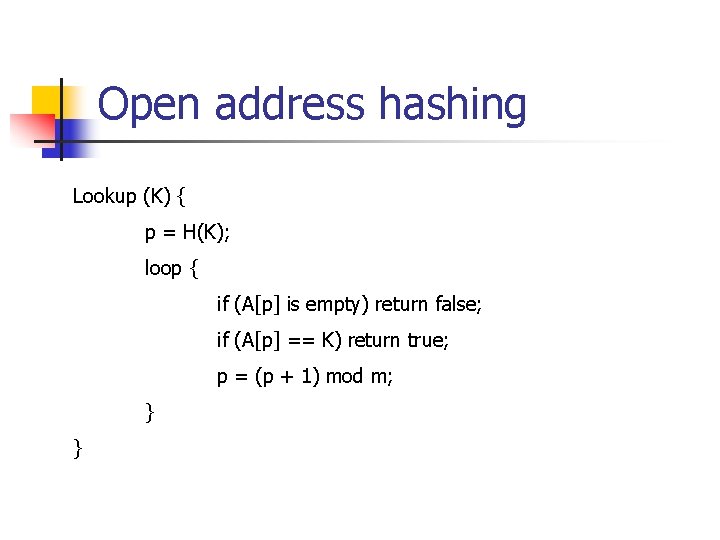 Open address hashing Lookup (K) { p = H(K); loop { if (A[p] is