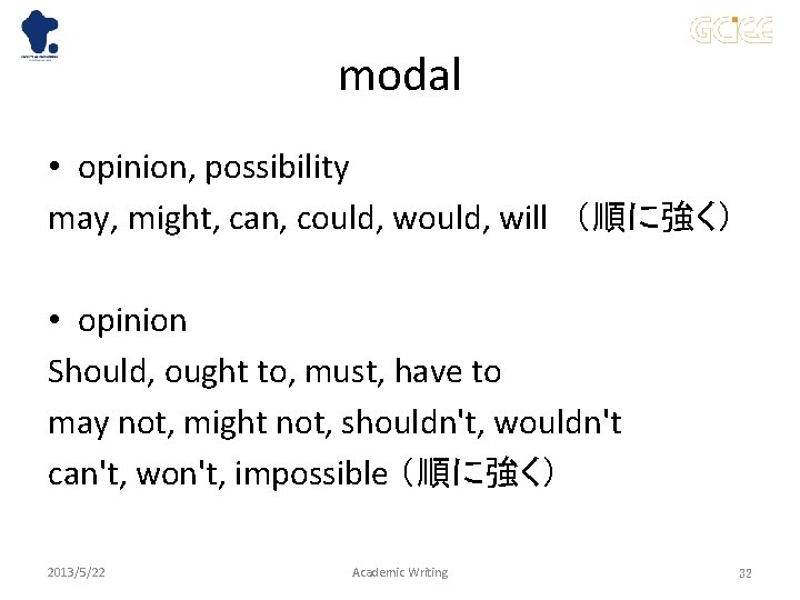 modal • opinion, possibility may, might, can, could, will （順に強く） • opinion Should, ought