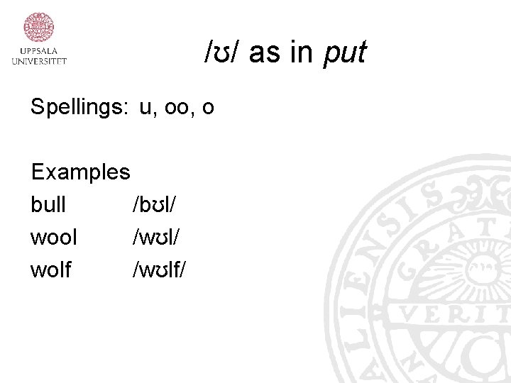 /ʊ/ as in put Spellings: u, oo, o Examples bull /bʊl/ wool /wʊl/ wolf