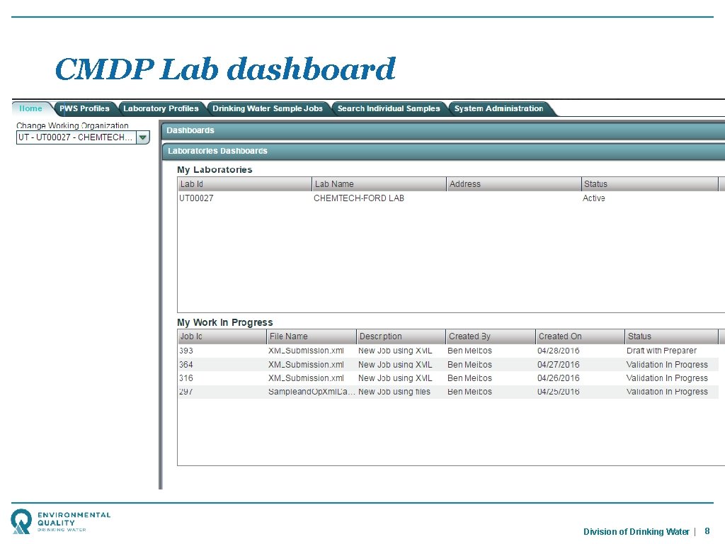 CMDP Lab dashboard Division of Drinking Water | 8 