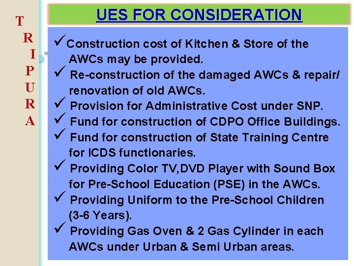T R I P U R A UES FOR CONSIDERATION üConstruction cost of Kitchen