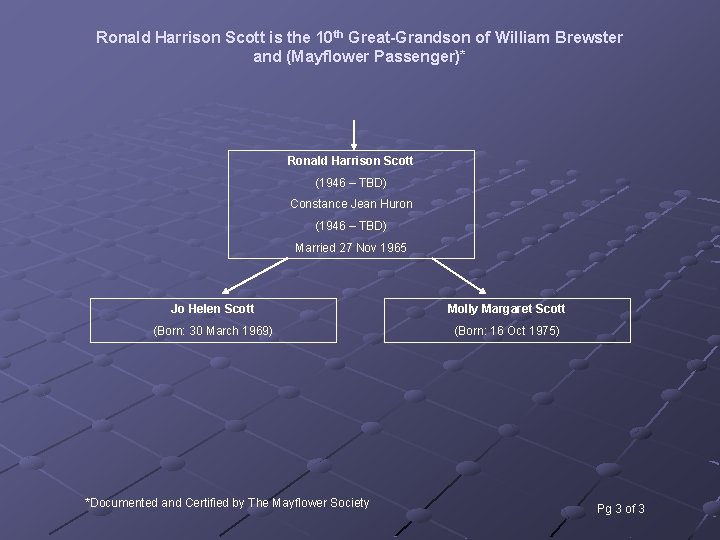 Ronald Harrison Scott is the 10 th Great-Grandson of William Brewster and (Mayflower Passenger)* Ronald Harrison Scott is the 10 th Great-Grandson of William Brewster and (Mayflower Passenger)*