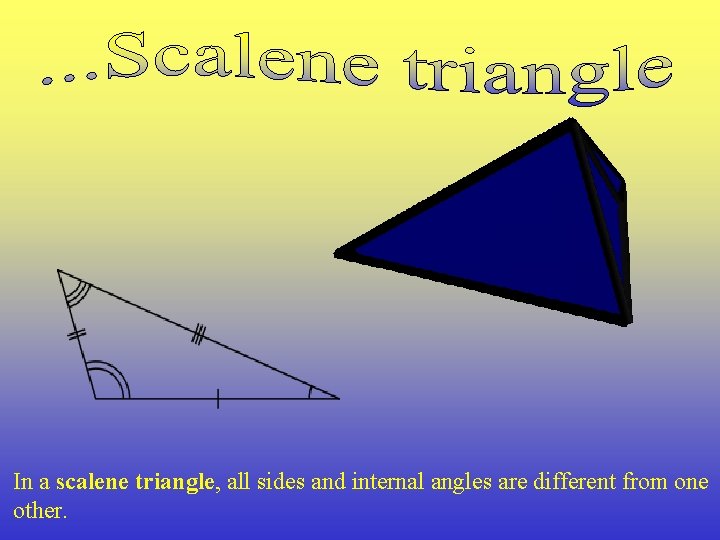 In a scalene triangle, all sides and internal angles are different from one other.