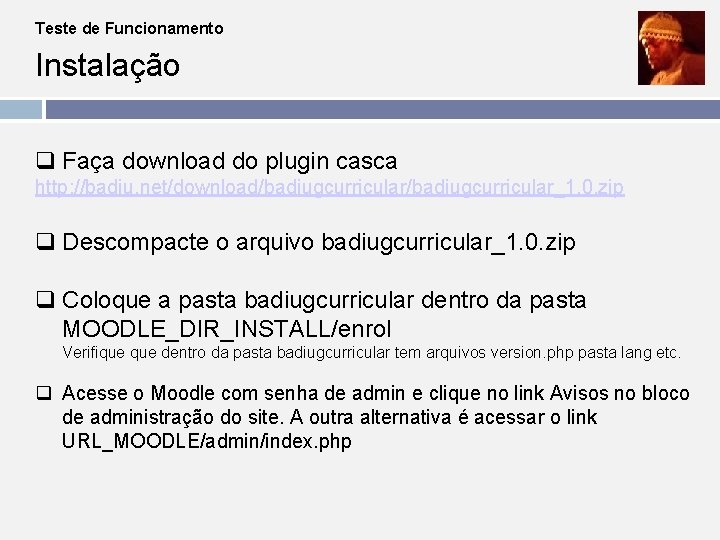 Teste de Funcionamento Instalação q Faça download do plugin casca http: //badiu. net/download/badiugcurricular_1. 0.