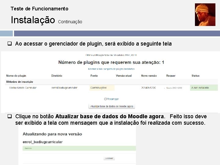 Teste de Funcionamento Instalação Continuação q Ao acessar o gerenciador de plugin, será exibido