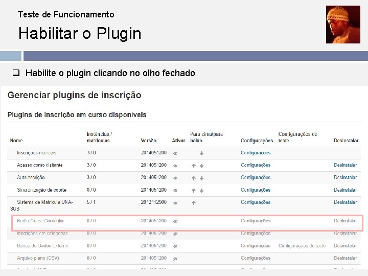 Teste de Funcionamento Habilitar o Plugin q Habilite o plugin clicando no olho fechado